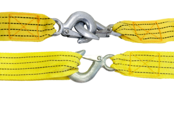 Close-up view of yellow nylon towing strap with white steel hook isolated on transparent background png file.