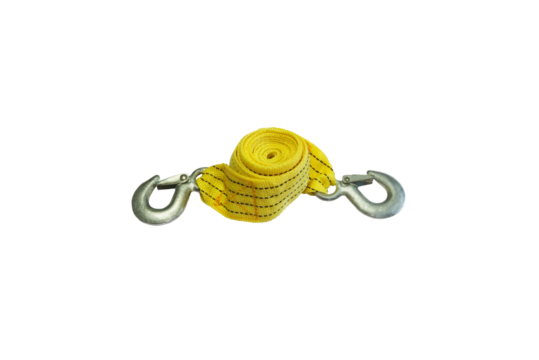 Close-up of yellow nylon cable with white steel hook used for lifting heavy objects or towing, isolated on transparent background png file.