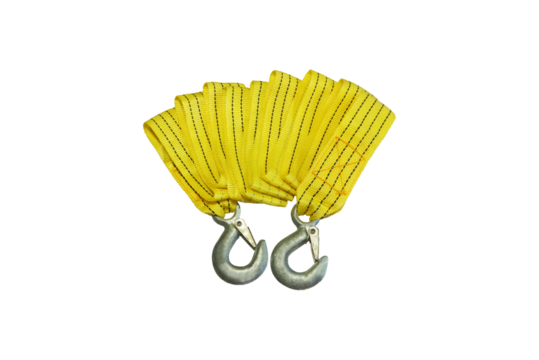 Close-up of yellow nylon cable with white steel hook used for lifting heavy objects or towing, isolated on transparent background png file.