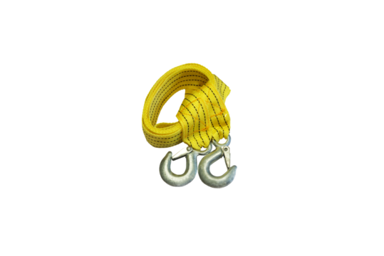 Close-up of yellow nylon cable with white steel hook used for lifting heavy objects or towing, isolated on transparent background png file.