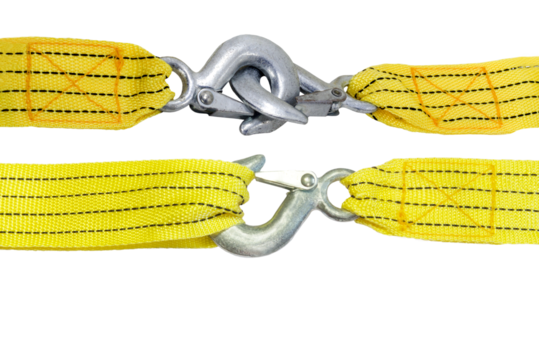 Close-up view of yellow nylon towing strap with white steel hook isolated on transparent background png file.