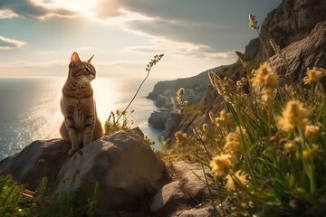 A cat standing on a cliff, sun, grass, flowers - obrazy, fototapety, plakaty