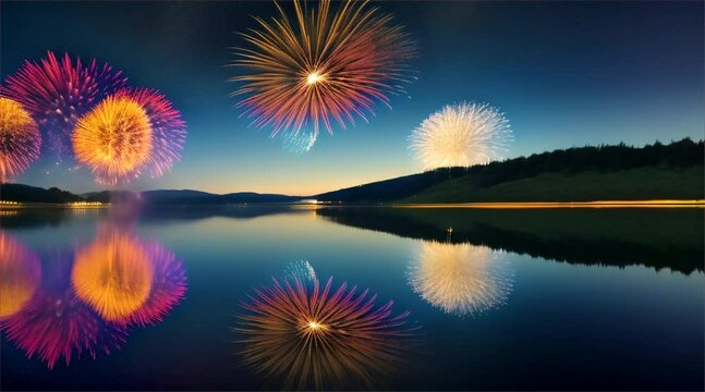 Colorful fireworks light up the night sky above a tranquil lake, celebrating with vibrant bursts of red, blue, and brilliant hues