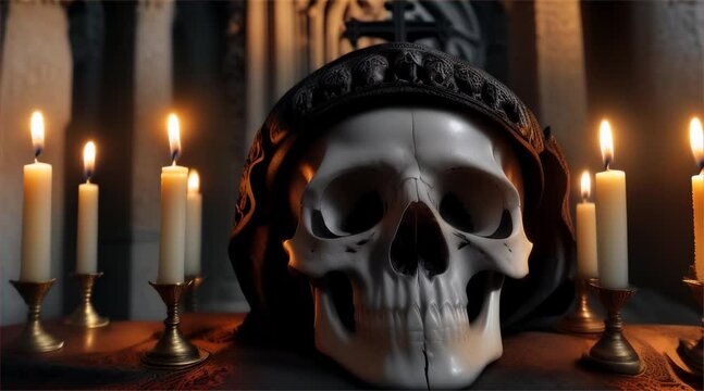Skull and candle casting eerie light in the darkness, evoking vintage ambiance with a hint of macabre charm