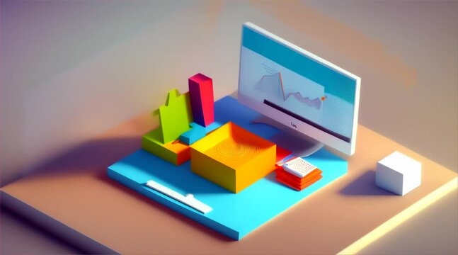 Graph display on tablet PC in business setting with 3D isometric architecture and network communication concept
