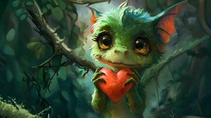 Fantasy creature holding a heart in forest" Magical, enchanting style. Love, affection, fantasy creature concept. Suitable for children's book illustration, fantasy game design