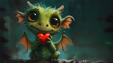 Fototapeta na wymiar Adorable dragon with heart in mystical woods