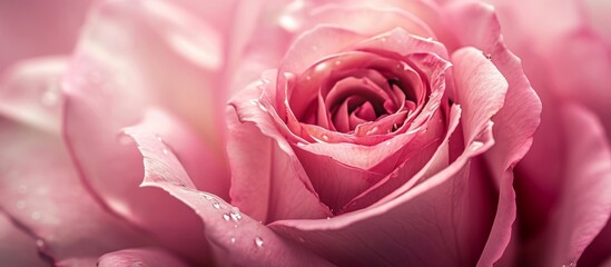 A macro shot of a hybrid tea rose in various shades of pink, glistening with water droplets, showcasing the beauty of garden roses as a flowering plant