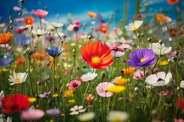Colourful wild flowers on a spring meadow, Generative AI 