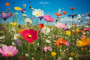 Obraz na płótnie Canvas Colourful wild flowers on a spring meadow, Generative AI 