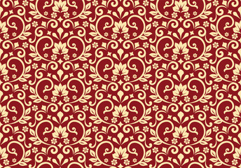 Floral pattern. Vintage wallpaper in the Baroque style. Seamless vector background. Gold and red ornament for fabric, wallpaper, packaging. Ornate Damask flower ornament
