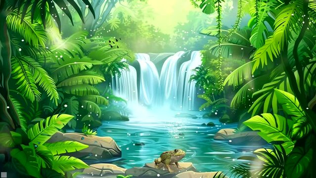 Exotic tropical forest, flowing rivers, waterfall and beautiful plants. Seamless looping 4k time-lapse video animation background