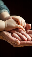 Hands of a baby and an old man's grandmother. Care, love concept, Generative AI 