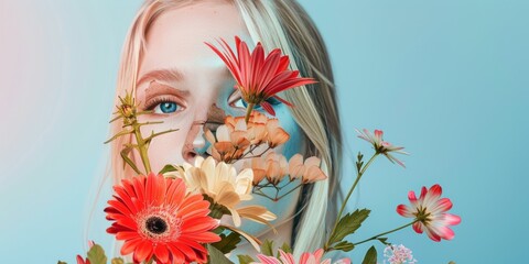 Portrait of a Caucasian blonde woman adorned with flowers on her face, featuring an abstract contemporary art collage.