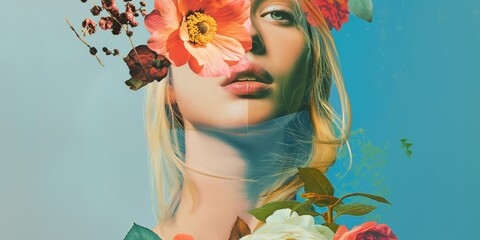 Portrait of a Caucasian blonde woman adorned with flowers on her face, featuring an abstract contemporary art collage.