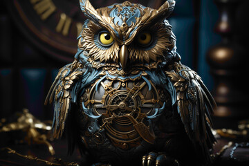 An intricately designed clockwork owl perched on a rustic surface, next to a miniature clock tower adorned with gears and cogs.