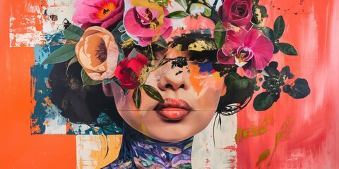 Portrait of a Latina woman with blonde hair adorned with flowers on her face, showcasing an abstract contemporary art collage.