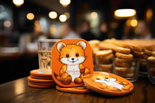 A delightful paper coaster with an adorable animal illustration on a coffee shop table