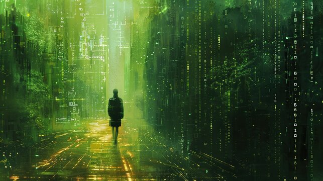 The figure of a girl inside a matrix with a binary code. The concept of virtual reality.