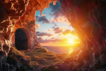 Scene depicting the resurrection of jesus christ With the empty tomb illuminated by the sunrise Conveying hope and renewal.