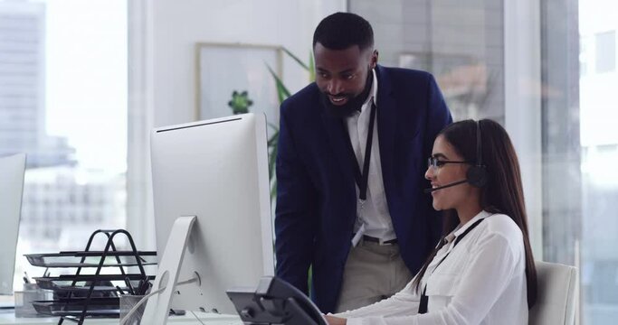 Call center manager, computer and business people talk about telemarketing, ecommerce or onboarding of new employee. Team leader, cooperation and agent for lead generation, customer care or help desk