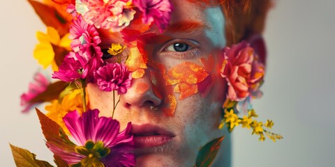 Portrait of a Caucasian redhead young man with flowers adorning his face, showcasing an abstract contemporary art collage.