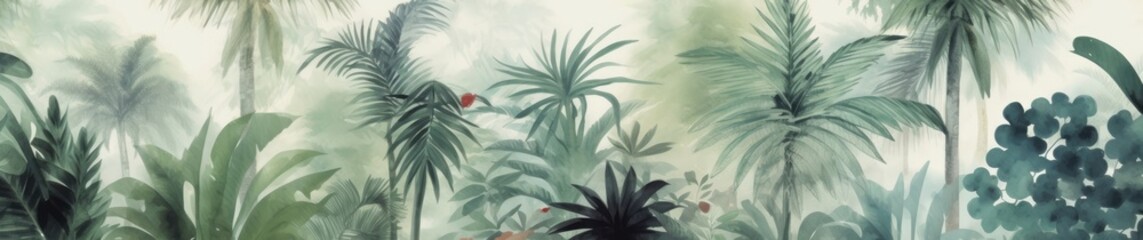 Fototapeta na wymiar Tropical plants and palm trees, for texture background photo wallpaper or banner. Wallpaper pattern painted in watercolour. Generative AI 