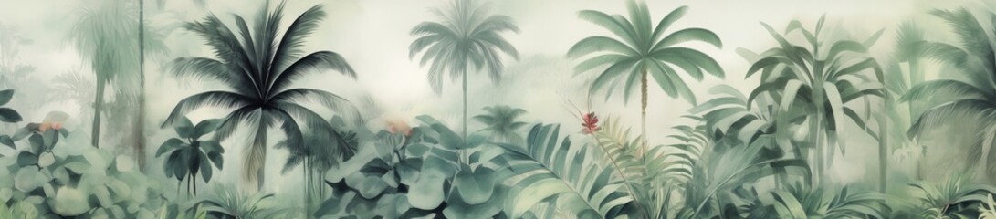 Tropical plants and palm trees, for texture background photo wallpaper or banner. Wallpaper pattern painted in watercolour. Generative AI  - obrazy, fototapety, plakaty