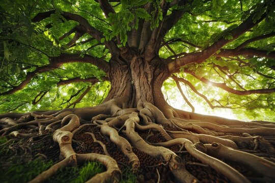 Detailed depiction of a majestic tree's intricate root system Symbolizing strength and natural beauty.
