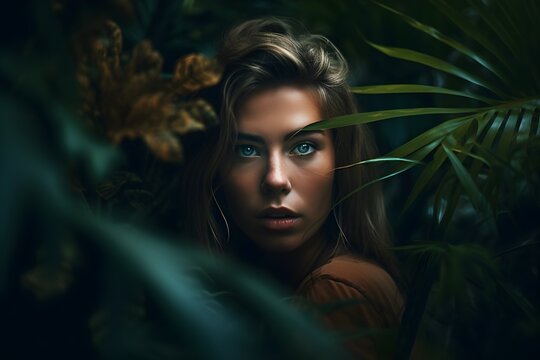 beautiful woman surrounded in tropical leaves, moody, dark, deep