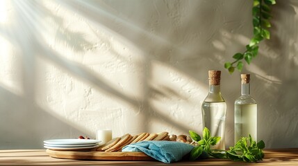 Olive oil bottles and herbs on a wooden table with sunlight, preparing for the Passover Seder meal.