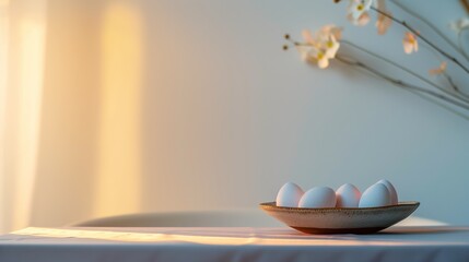tranquil setting with white eggs on a plate, symbolizing the Passover holiday