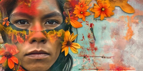 Portrait of a Native American man with long, flowing red hair adorned with flowers, showcasing an abstract contemporary art collage.