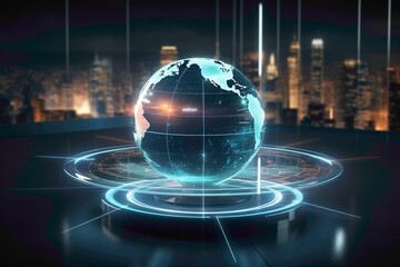A futuristic 3D-rendered holographic globe hovering above a sleek black table, symbolizing...