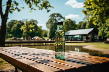 A recycled paper water bottle with a screw-on cap, sitting on an outdoor picnic table
