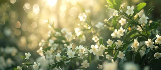 Foto op Canvas A cluster of white flowers blooming on a terrestrial plant, with the suns rays filtering through the petals. The scene resembles a stunning natural event on this shrub © TheWaterMeloonProjec