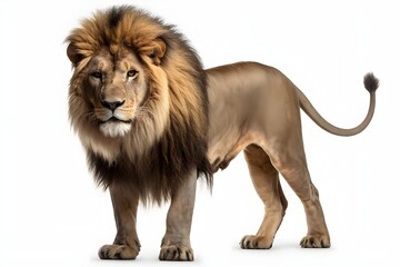 adult lion standing on white background posing for the camera, full body
