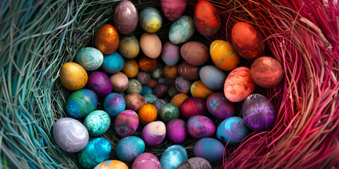 Fototapeta na wymiar Beautifully decorated many painted Easter eggs in the nest pink yellow green brown eggs Colorful dyed Easter eggs placed in a wooden basket.