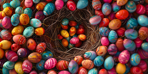 Fototapeta na wymiar Beautiful colorful handmade eggs in the basket Great idea to decorate your Happy Easter day Painted Easter Eggs 3D rendering.
