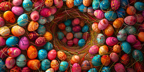 Fototapeta na wymiar Happy bunny with many Easter eggs day concept background with bunny sweets or colorful decorative eggs Painted eggs on straw nest and flower Easter celebration.