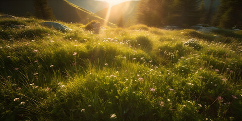 Alpine meadow is a lovely natural setting. Sunbeams in close up on grass Stunning natural scenery - obrazy, fototapety, plakaty