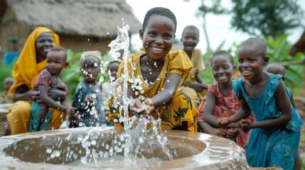 Clean Water Initiatives A poignant image of villagers gaining access to clean water through a sustainable well project supported by a socially responsible company - obrazy, fototapety, plakaty