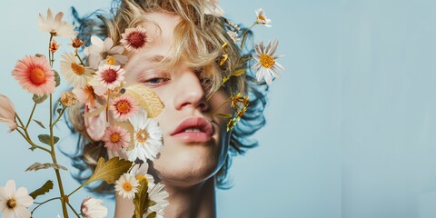 Portrait of a young blonde man with flowers adorning his face, showcasing an abstract contemporary art collage.