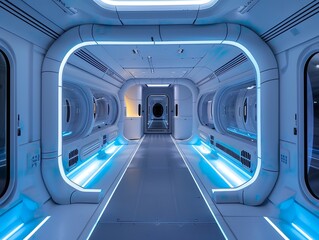 Obraz premium A futuristic spaceship with a tunnel-like corridor stretching forward, illuminated by ambient blue light for an ethereal quality, showcases the convergence of advanced technology and sleek design