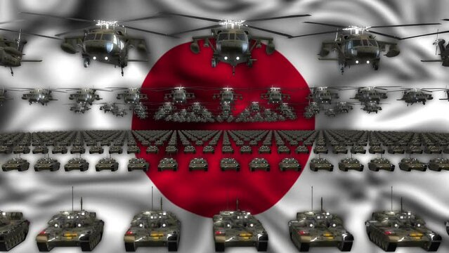 Japanese Flag with Rows of Battle Tanks and Attack Helicopter Squadrons Loop