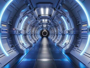 Fototapeta premium A futuristic spaceship with a tunnel-like corridor stretching forward, illuminated by ambient blue light for an ethereal quality, showcases the convergence of advanced technology and sleek design