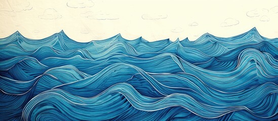 A doodle-filled background with pencil lines reminiscent of a blue sea in a childrens drawing album, featuring a painting of a wave in the ocean.