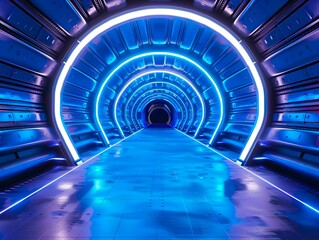 A futuristic spaceship with a tunnel-like corridor stretching forward, illuminated by ambient blue...