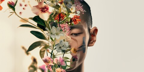 Portrait of an Asian young man with flowers adorning his face, showcasing an abstract contemporary art collage.