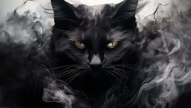 enigmatic black cat portrayed in swirling smoke. black cat illustration shaped by smoke. seamless looping overlay 4k virtual video animation background 